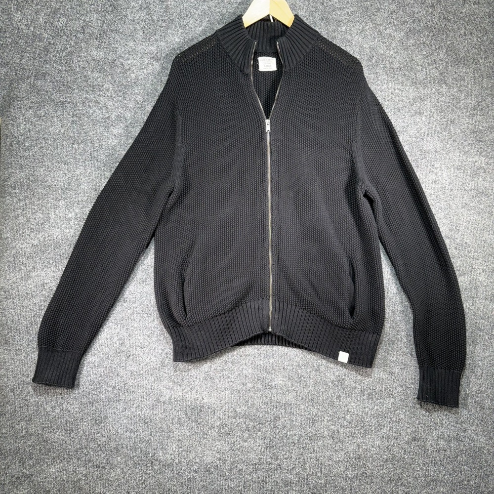 Lucky Brand Chunky Knit Sweater Men Large Black Full Zip Mock Neck Casual Preppy